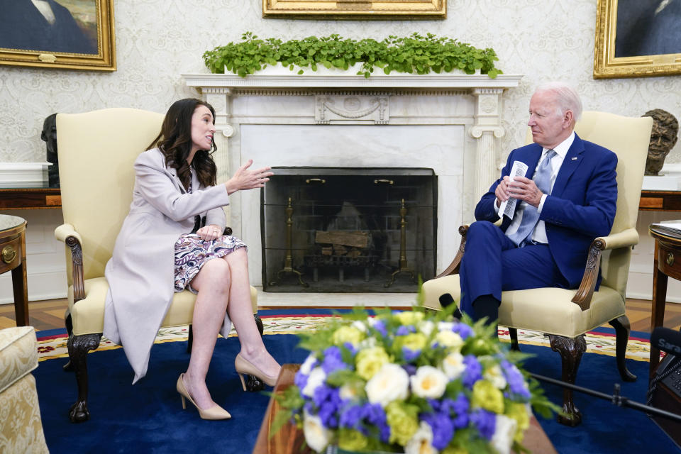 FILE - U.S. President Joe Biden meets with New Zealand Prime Minister Jacinda Ardern in the Oval Office of the White House, Tuesday, May 31, 2022, in Washington. Ardern, who was praised around the world for her handling of the nation’s worst mass shooting and the early stages of the coronavirus pandemic, said Thursday, Jan. 19, 2023, she was leaving office. (AP Photo/Evan Vucci, File)