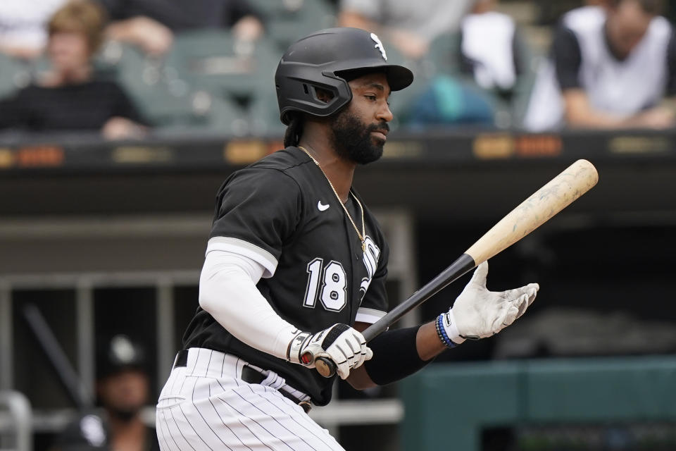 Chicago White Sox's Brian Goodwin reacts after striking out swinging during the first inning of a baseball game against the Seattle Mariners in Chicago, Saturday, June 26, 2021. (AP Photo/Nam Y. Huh)