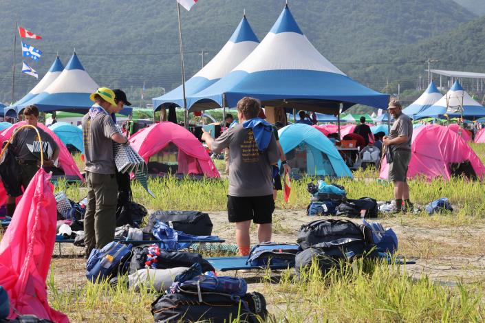 U.S. scout members prepare to leave the World Scout Jamboree campsite in Buan, South Korea, Sunday, Aug. 6, 2023.