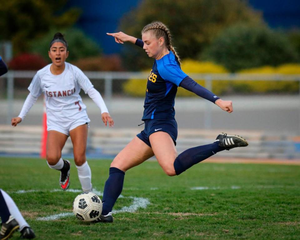 Presley Dunkle shoots and scores the second goal. Arroyo Grande girls won 2-0 over Estancia Feb 29, 2024 to advance to the 2024 CIF SoCal Division IV Girls Soccer Championship.