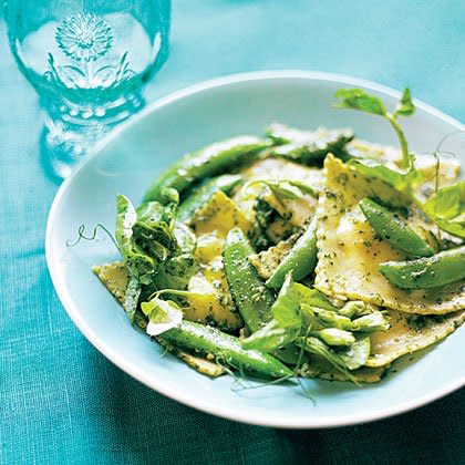 Ravioli with Snap Peas, Pea Shoots, and Minty Pea Shoot Pesto