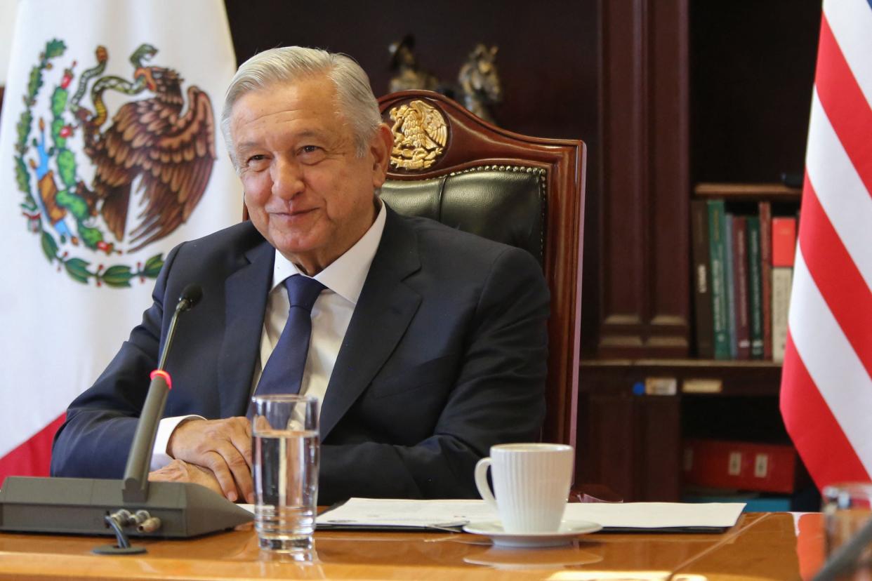 Handout photo released by the Mexican Presidency showing President Andres Manuel Lopez Obrador (L) during his virtual meeting with US Vice President Kamala Harris at the Palacio Nacional in Mexico City on May 07, 2021. (Mexican Presidency/AFP via Getty)