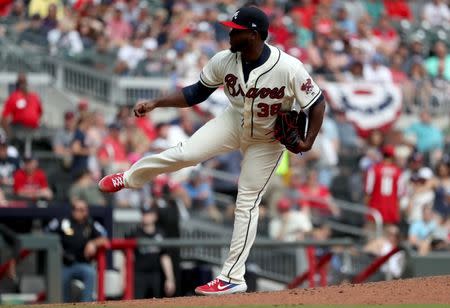 FILE PHOTO: Apr 7, 2019; Atlanta, GA, USA; Atlanta Braves relief pitcher Arodys Vizcaino (38) delivers a pitch to a Miami Marlins batter during the ninth inning at SunTrust Park. Mandatory Credit: Jason Getz-USA TODAY Sports