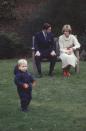 <p>Princess Diana and her husband, Prince Charles, watch as a toddler Prince William explores the gardens of Kensington Palace. </p>