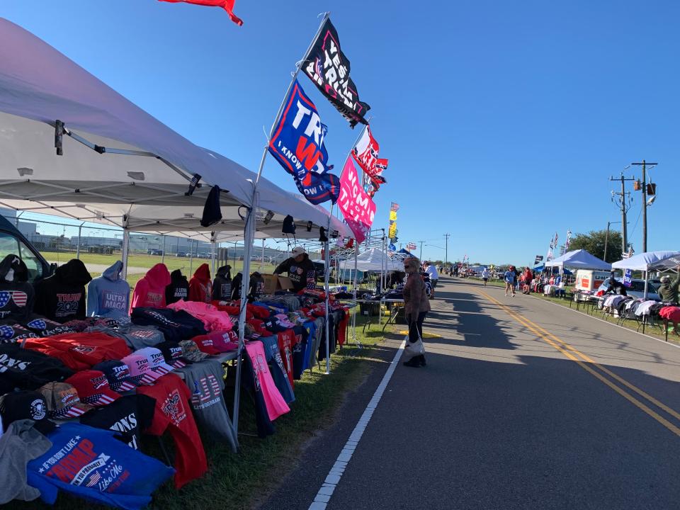 Vendors line the road near the Aero Center at Wilmington International Airport where Donald Trump is expected to speak Friday night.