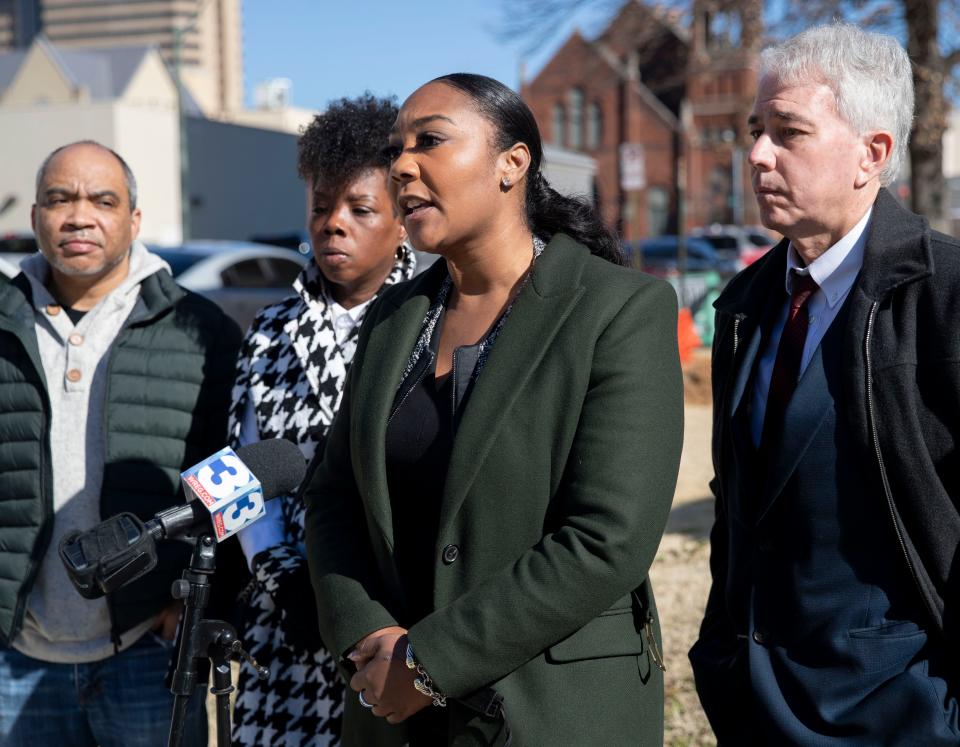 Janika White speaks during a press conference Monday, Feb. 28, 2022, outside the Shelby County Justice Center. At the time, White was running for the Democratic nomination in the Shelby County District Attorney's race.