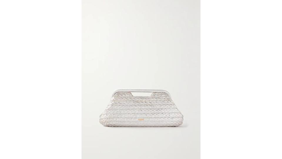 Aurora large leather-trimmed metallic raffia clutch