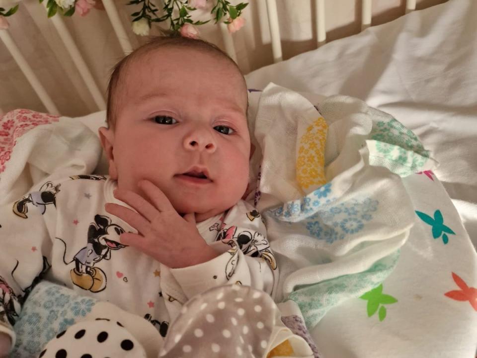 Baby Dorothea Fenyrch-Velez, 3 months, in her crib in the hospital