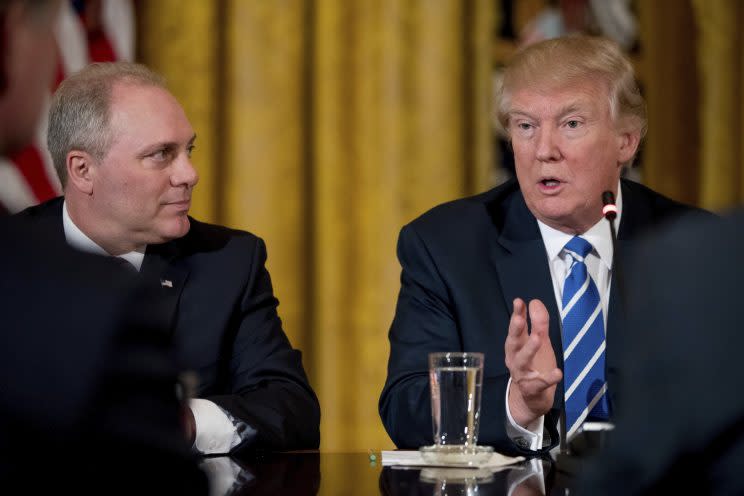 House Majority Whip Rep. Steve Scalise, R-La., meets with President Trump at the White House on March 7, 2017. (AP Photo/Andrew Harnik)