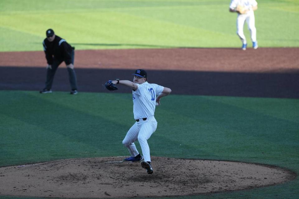 Cameron O’Brien was one of seven pitchers to take the mound for Kentucky during its home-opening come-from-behind win over Morehead State on Tuesday night. Wildcats pitchers allowed five runs on seven hits but no runs after the sixth inning.