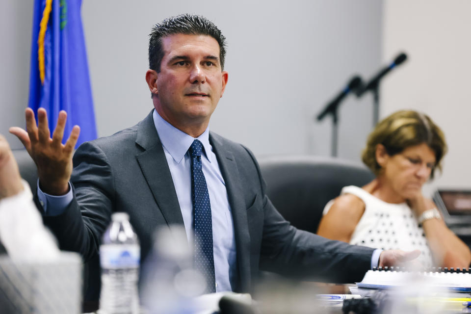 Commissioner Anthony Marnell III speaks during a State of Nevada Athletic Commission meeting held to discuss the Nevada Attorney General's investigation findings regarding the death of UNLV student Nathan Valencia Tuesday, Aug. 23, 2022. (Wade Vandervort/Las Vegas Sun via AP)