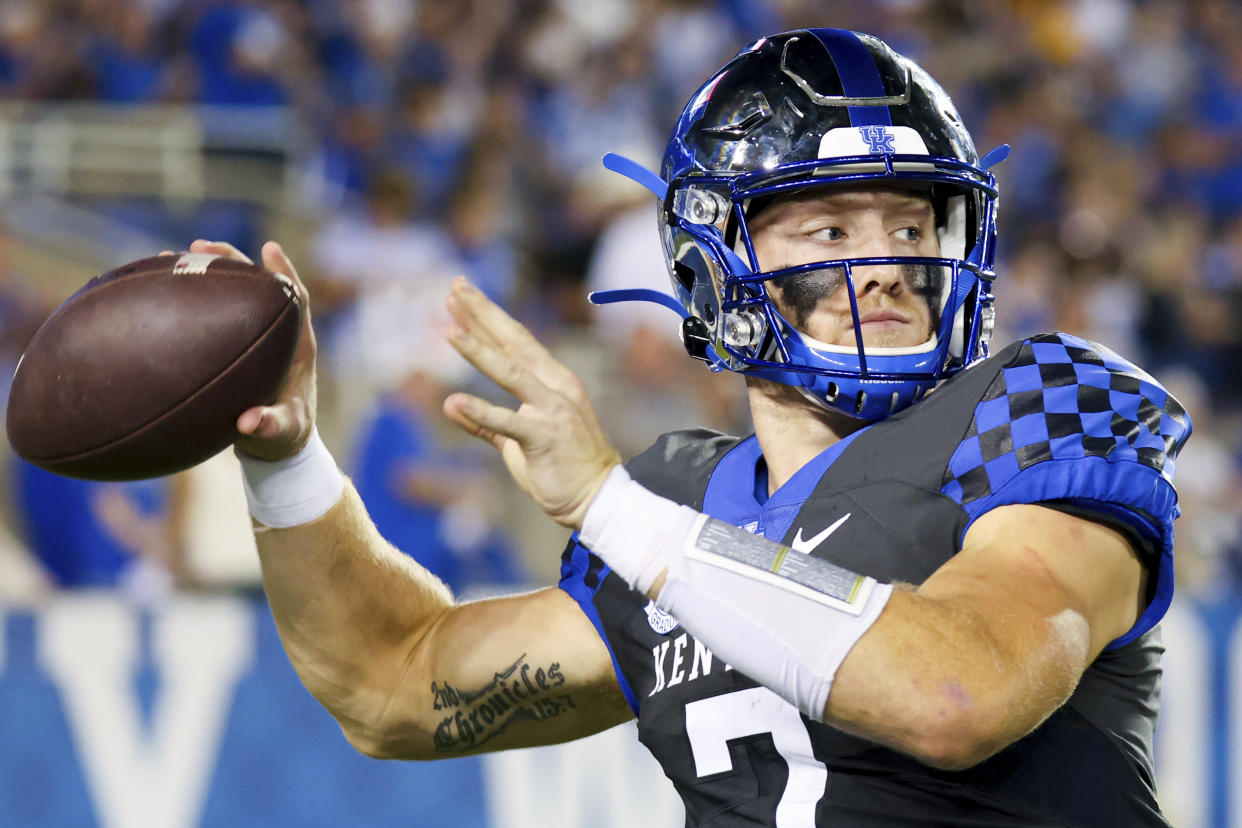 With Derek Carr and a potential pursuit of Tom Brady out of the picture, the Raiders might look to Kentucky's Will Levis as their next QB in our latest mock draft. (AP Photo/Michael Clubb)