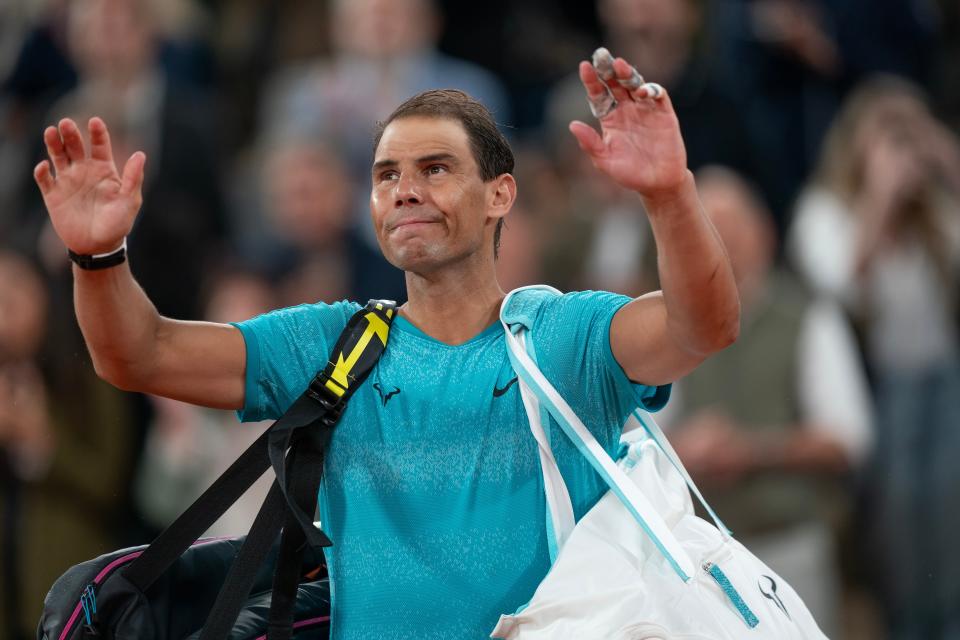 Rafael Nadal says goodbye to a full stadium after his match against Alexander Zverev on Day 2 at Roland Garros.