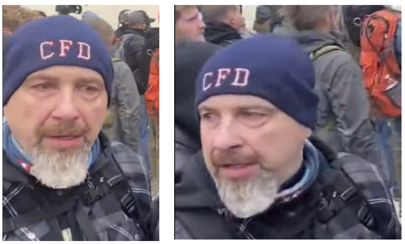 Images from video footage captured at the Jan. 6, 2021, riot at the U.S. Capitol allegedly show retired firefighter Robert Sanford in the crowd and throwing a fire extinguisher at a police officer.
