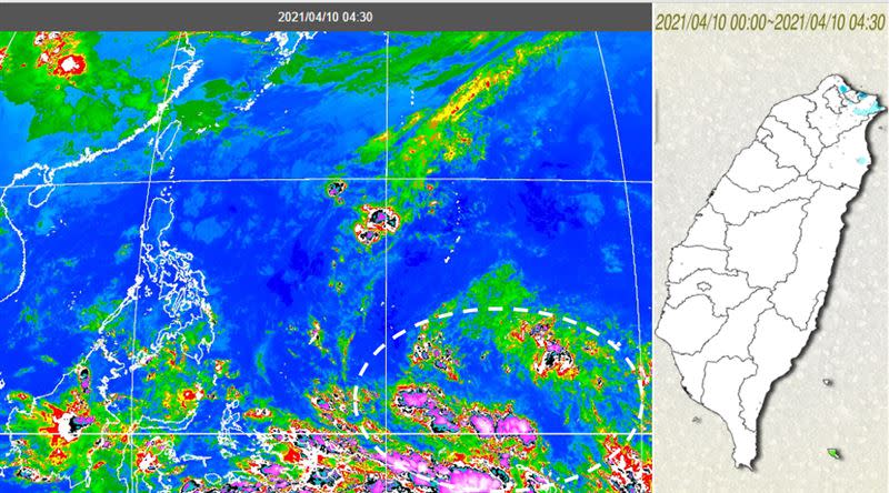 今（10）晨4：30紅外線雲圖（左圖）顯示，華南至台灣北部海面一帶有鬆散雲層，迎風面有較多的低層雲；關島南方海面（白虛圈）有熱帶雲簇消消長長，結構還很鬆散。4：30累積雨量圖（右圖）顯示，北部及東北部有零星降雨。