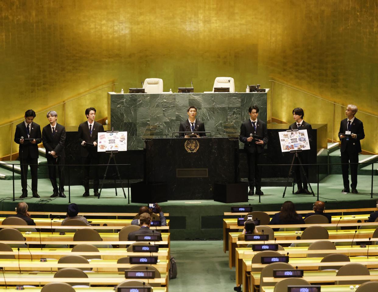 Members of South Korean K-pop band BTS, from left, V, Suga, Jin, RM, Jung Kook, Jimin and J-Hope appear at the United Nations meeting on Sustainable Development Goals during the 76th session of the U.N. General Assembly at U.N. headquarters on Monday, on Sept. 20, 2021, in New York.