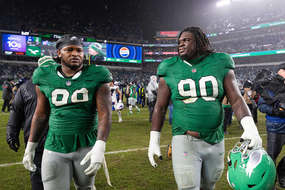 Despite the presence of young talents like Jalen Carter (left) and Jordan Davis, the Eagles' overall run defense has been suspect this season, and the 49ers could exploit it. (Bill Streicher-USA TODAY Sports)