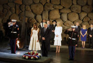 <p>White House senior advisor Jared Kushner, Ivanka Trump, first lady Melania Trump, U.S. President Donald Trump, Israel’s Prime Minister Benjamin Netanyahu (3rd L back), his wife Sara (2nd L) and Chairman of the Yad Vashem Holocaust Memorial, Avner Shalev, attend a wreath laying ceremony during a visit to the Yad Vashem Holocaust Memorial museum in Jerusalem May 23, 2017. (Gali Tibbon/Pool/Reuters) </p>