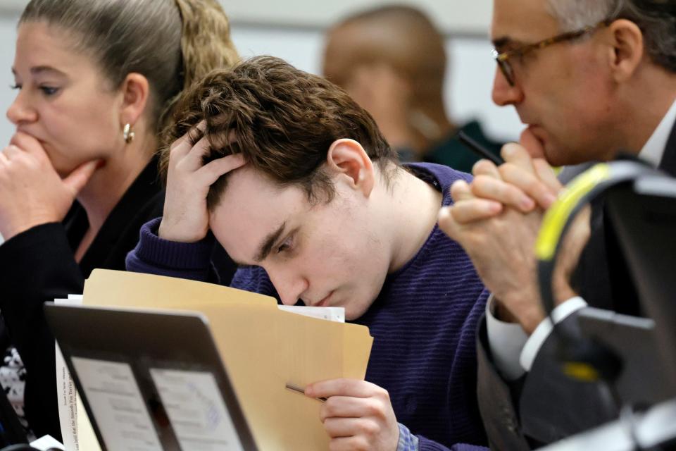 Marjory Stoneman Douglas High School shooter Nikolas Cruz is shown at the defense table during the penalty phase of Cruz’s trial at the Broward County Courthouse in Fort Lauderdale on Tuesday, Sept. 27, 2022. Cruz previously plead guilty to all 17 counts of premeditated murder and 17 counts of attempted murder in the 2018 shootings. (Amy Beth Bennett/South Florida Sun Sentinel via AP, Pool)