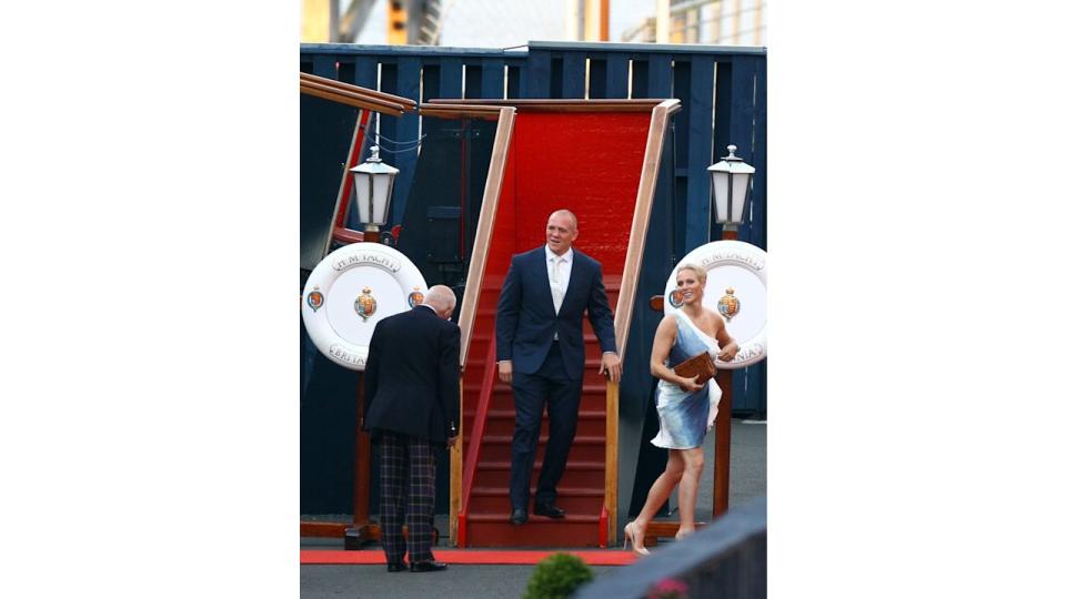 Zara Phillips and Mike Tindall  leave their pre wedding party on the Britannia on July 29, 2011 in Edinburgh, Scotland. 