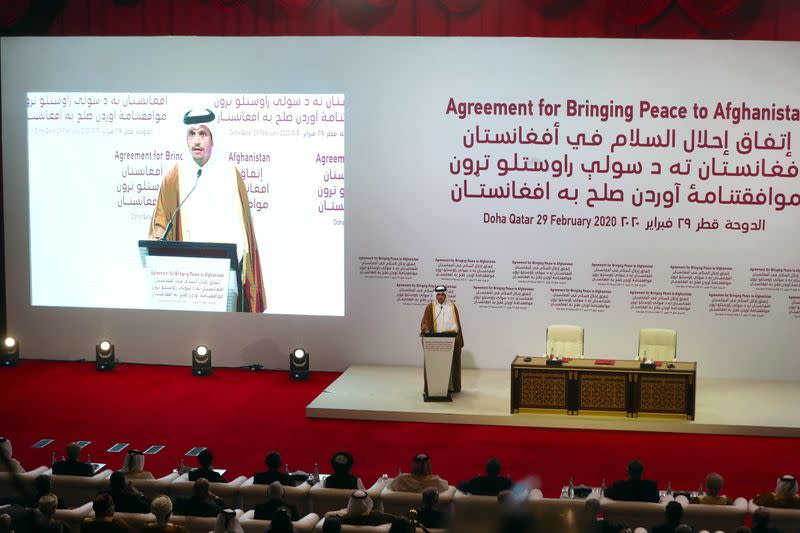 Qatari Deputy Prime Minister and Minister of Foreign Affairs Sheikh Mohammed bin Abdulrahman al-Thani, speaks at a signing ceremony between Afghanistan's Taliban and the U.S. in Doha