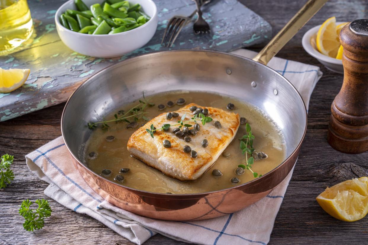 Delicious pan seared halibut with lemon brown butter and capers.