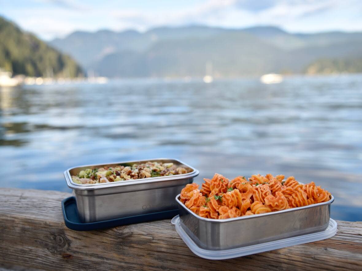 Pasta from InGrain Pastificio in reusable containers on the government dock in Deep Cove, North Vancouver. (Sarah Pudritz, Ocean Ambassadors Canada  - image credit)