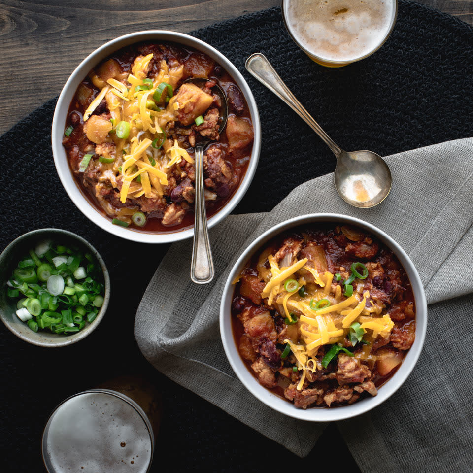 <p>This slow-cooker turkey and butternut squash chili is the perfect balance of sweet and spicy. The sweetness of the butternut squash tames the kick from cayenne, making this easy crock-pot chili just right for kids and adults alike. For those who prefer a spicier chili, just pass hot sauce at the table. <a href="https://www.eatingwell.com/recipe/275509/slow-cooker-turkey-chili-with-butternut-squash/" rel="nofollow noopener" target="_blank" data-ylk="slk:View Recipe;elm:context_link;itc:0" class="link ">View Recipe</a></p>