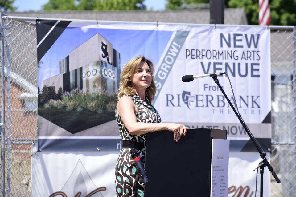 Kathy Vertin, the executive director and founder of the Riverbank organization, gives opening remarks during the groundbreaking ceremony for the new Boardwalk Theatre in downtown St. Clair on Tuesday, June 28, 2022. “It was a really great thing to have done. We enjoyed it,” Vertin said. “And it actually led to this because we thought this is where the theatre should be — right downtown. It’ll have the most impact.”