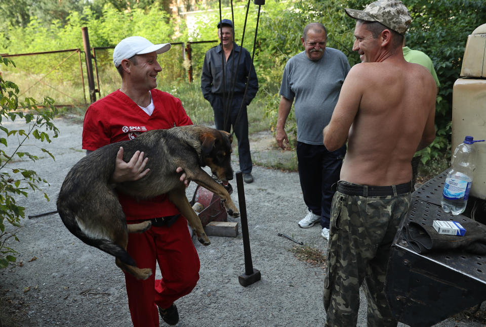 Pavel "Pasha" Burkatsky, a professional dogcatcher from Kiev, carries a stray dog he just captured and tranquilized past workers in the exclusion zone around the Chernobyl nuclear power plant on August 19, 2017.
