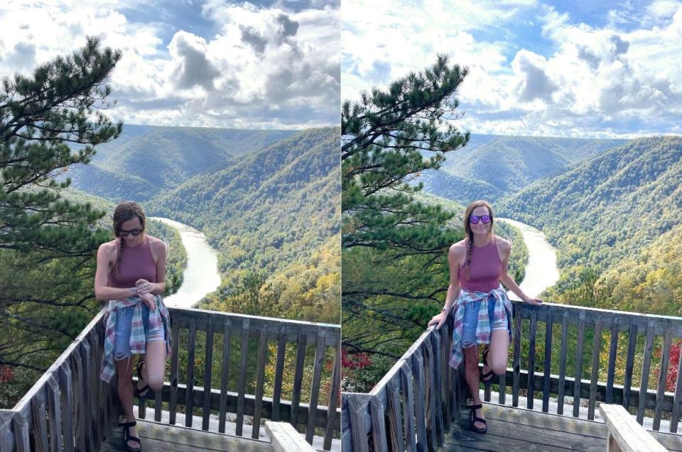 On the left, Emily presses her smartwatch while posing on a deck that overlooks lush green mountains. On the right, Emily smiles and looks at the camera in the same spot.