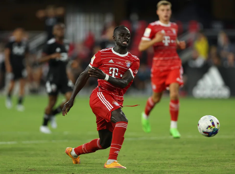 WASHINGTON, DC - JULY 20: Sadio Mane of Bayern Munich shoots during the pre-season friendly match between DC United and Bayern Munich at Audi Field on July 20, 2022 in Washington, DC. (Photo by Rob Carr/Getty Images)