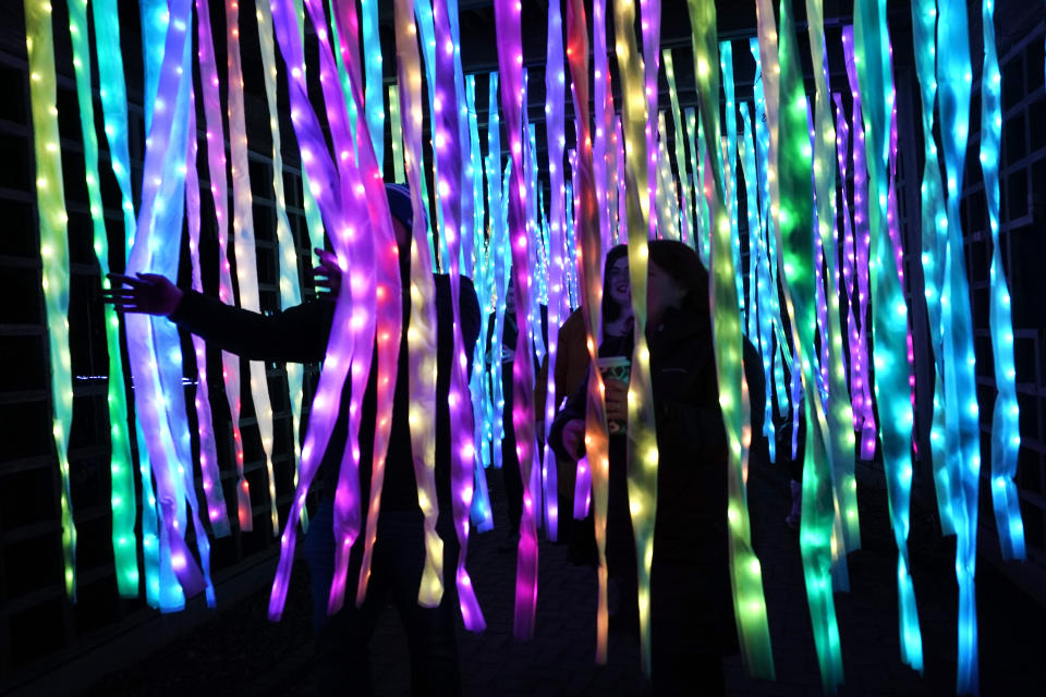 Visitors to the Chicago Botanic Garden's Lightscape holiday experience of light and music pass through the "Electric Ribbon Tunnel," created by Culture Creative, in Glencoe, Ill., on Thursday, Dec. 14, 2023. (AP Photo/Charles Rex Arbogast)