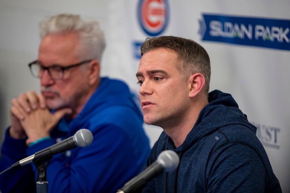 Chicago Cubs manager Joe Maddon and team president Theo Epstein speak Tuesday, Feb. 12, 2019 as the team reports to spring training in Mesa, Ariz.(Brian Cassella/Chicago Tribune/TNS via Getty Images)