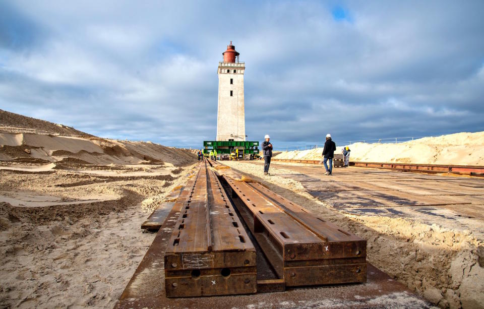 The Rubjerg Knude lighthouse was being placed on a large rail to move it away from the coast (Picture: AFP/Getty)