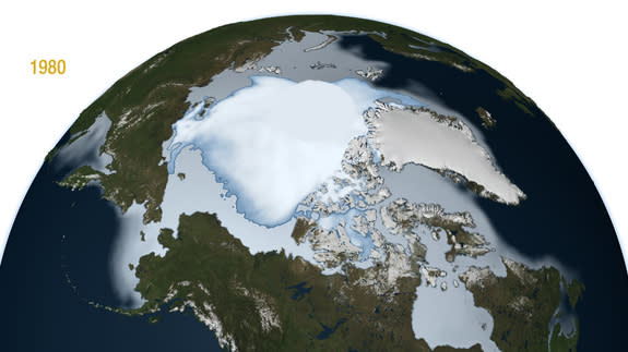 Multi-year Arctic ice in 1980. The bright white central mass shows the perennial sea ice. The larger light blue area shows the full extent of the winter sea ice including the average annual sea ice during the months of November, December and Ja