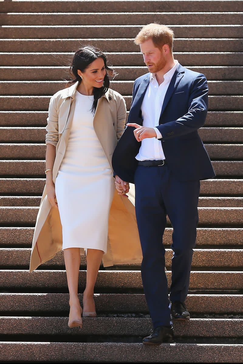 <p> While on their way to the zoo in Sydney, Meghan and Prince Harry walked hand in hand. Meghan wore a pair of&#xA0;Rothy&apos;s flats&#xA0;and covered up in a Martin Grant trench coat. She shielded her eyes with a pair of&#xA0;Krewe sunglasses. </p>