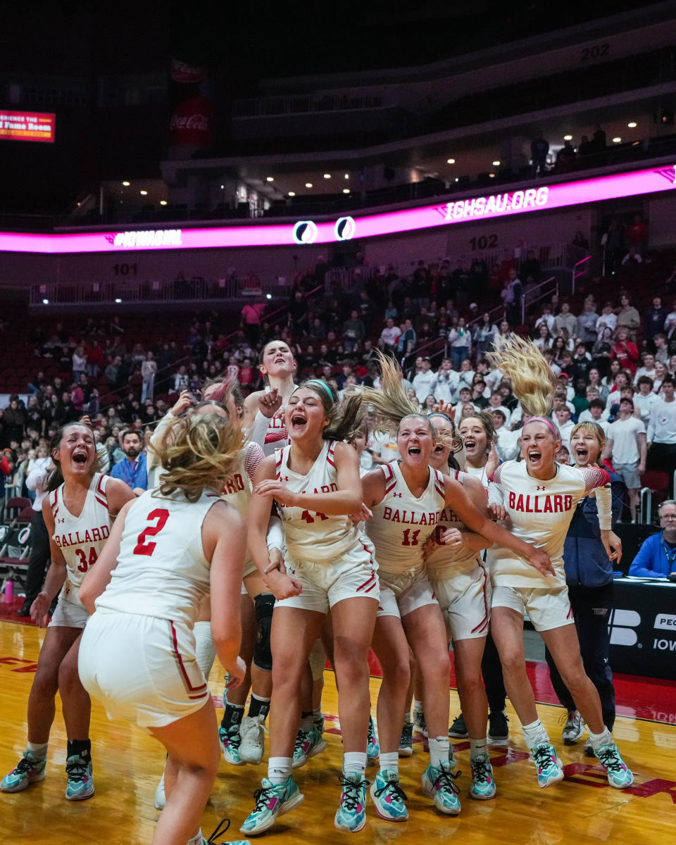 Ballard celebrates after defeating Decorah during the class 4A quarterfinals to advance to the semifinals of the the Iowa high school girls state basketball tournament at Wells Fargo Arena.