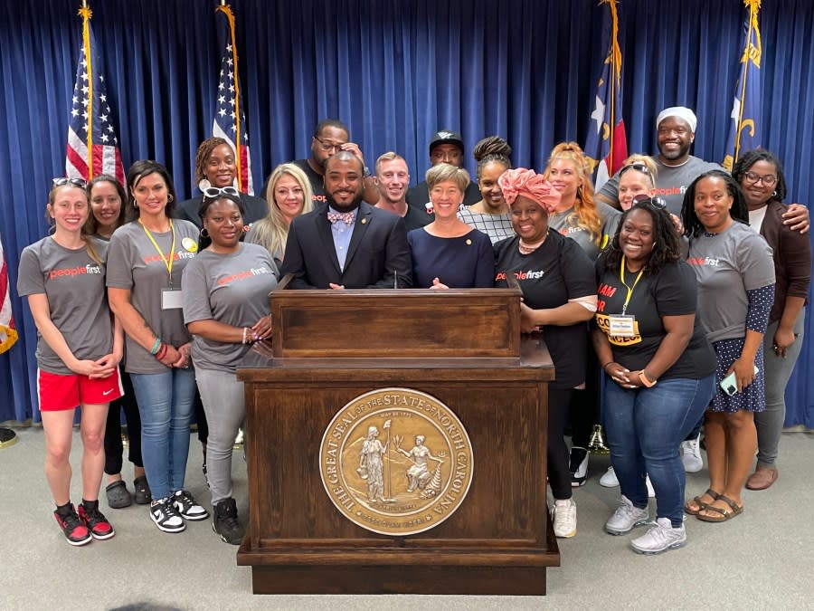 North Carolinians who have been directly impacted by the criminal legal system; N.C. Sen. Julie Mayfield and NC Rep. Terry Brown Jr. at a press conference Tuesday (Chloe Rafferty/CBS 17)