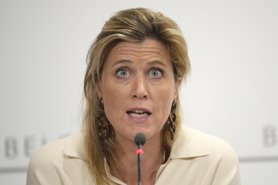 Belgian Minister of the Interior Annelies Verlinden speaks during a press conference in Brussels Tuesday, Oct. 17, 2023, about the shooting of two Swedish soccer fans on Monday. Police in Belgium have shot dead a suspected Tunisian extremist, on Tuesday, accused of killing two Swedish soccer fans in a brazen attack on a Brussels street before disappearing into the night on Monday. (AP Photo/Martin Meissner)