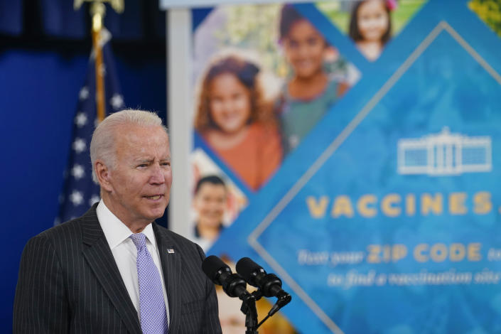 FILE - President Joe Biden talks about the newly approved COVID-19 vaccine for children ages 5-11 from the South Court Auditorium on the White House complex in Washington, Nov. 3, 2021. Biden’s team views the pandemic as the root cause of both the nation’s malaise and his own political woes. It sees getting more people vaccinated and finally controlling COVID-19 as the key to reviving the country and Biden’s own standing. But the coronavirus has proved to be a vexing challenge for the White House. (AP Photo/Susan Walsh, File)