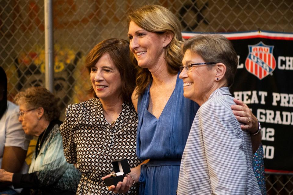 Women's Basketball Hall of Fame inductee Debbie Antonelli receives her Baron Championship Induction Ring during a ceremony at the Women's Basketball Hall of Fame in Knoxville, Tenn., on Friday, June 10, 2022.