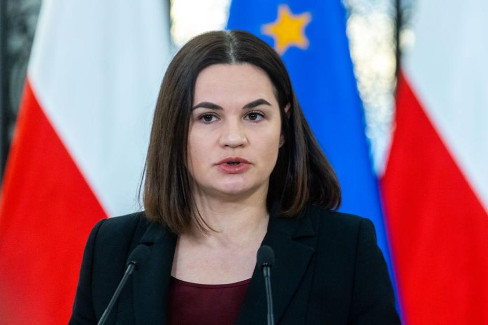 Exiled Belarusian opposition leader Sviatlana Tsikhanouskaya meets with Polish government officials in Warsaw, Poland, on Jan. 9, 2024. (Andrzej Iwanczuk/NurPhoto/Getty Images)