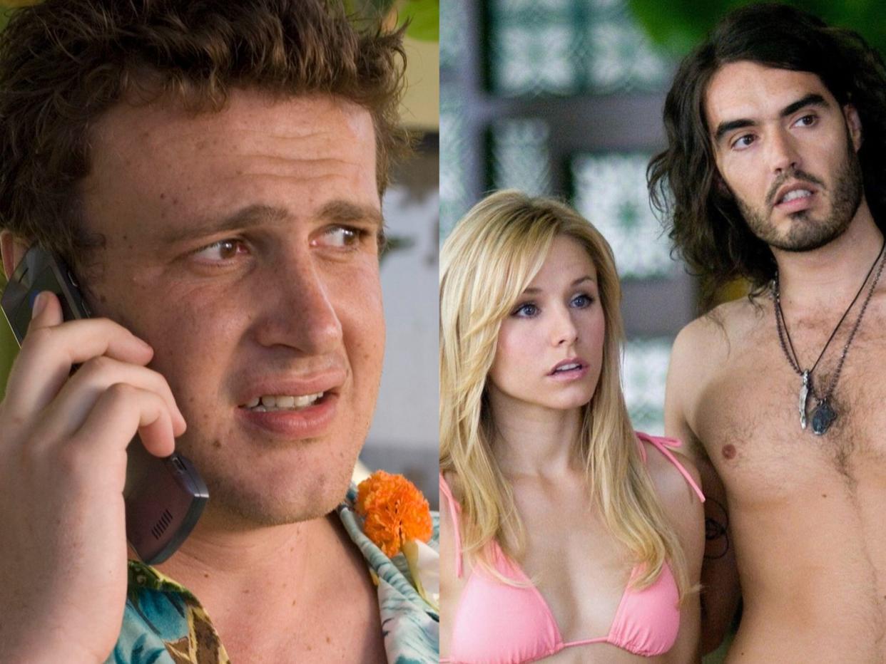 Jason Segel as Peter Bretter, Kristen Bell as Sarah Marshall and Russell Brand as Aldous Snow in "Forgetting Sarah Marshall."