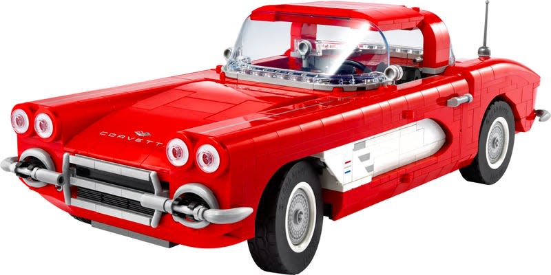 A front shot of the Lego Icons 1961 Corvette model with the hard top roof attached.