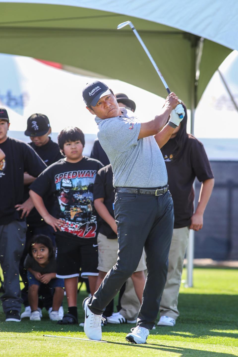 Notah Begay III, who will be playing in the Galleri Classic this week, holds a junior golf clinic for kids through the Twentynine Palm Band of Mission Indians at Spotlight 29 Coachella Crossroads in Coachella, Calif., on Tuesday, March 26, 2024.