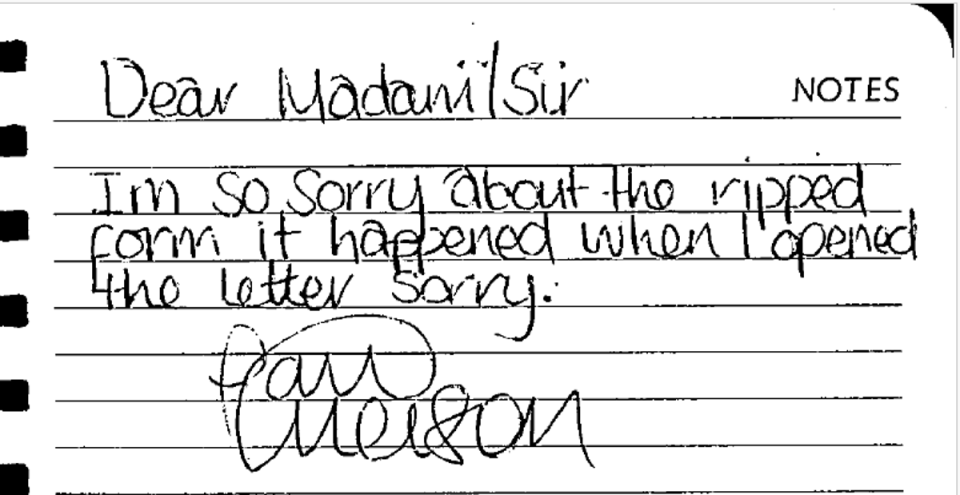 Paul Merson sent in an apologetic note after accidentally tearing pieces off the police letter (Supplied by court)