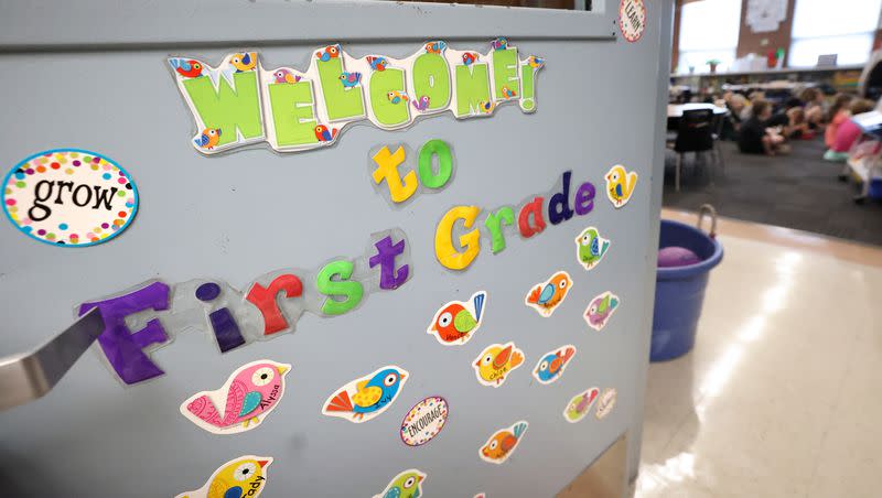 A classroom door is pictured at Hawthorne Elementary School in Salt Lake City on Aug. 22, 2023.