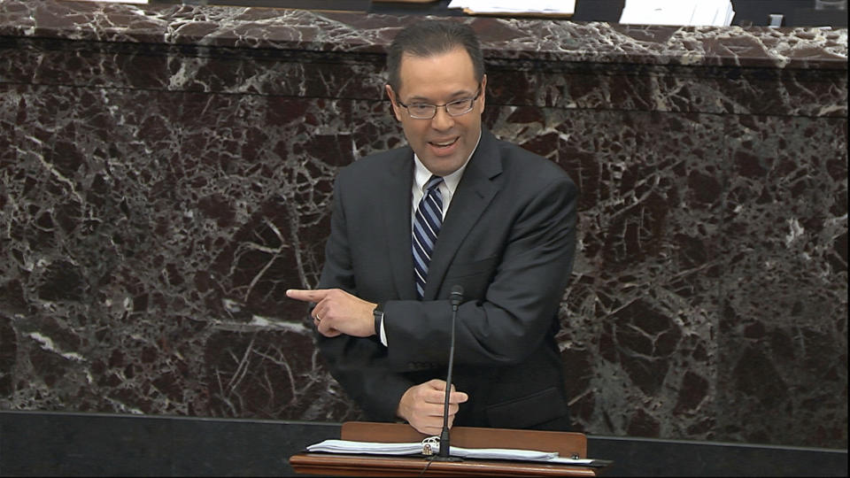 In this image from video, a graphic is displayed as White House deputy counsel Mike Purpura speaks during the impeachment trial against President Donald Trump in the Senate at the U.S. Capitol in Washington, Saturday, Jan. 25, 2020. (Senate Television via AP)