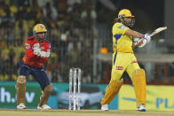 Chennai Super Kings' MS Dhoni bats during the Indian Premier League cricket match between Chennai Super Kings and Punjab Kings in Chennai, India, Wednesday, May 1, 2024. (AP Photo/R. Parthibhan)